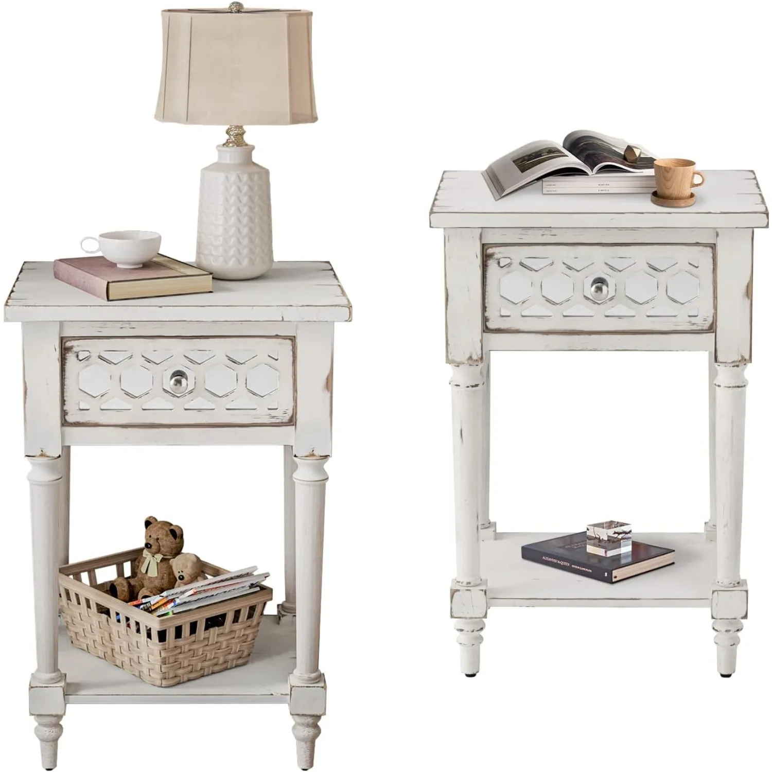 

End Table Sets of 2, Small Vintage Nightstand, Farmhouse Accent Table, Wood Grain Bedside Table with Mirrored Drawer , White