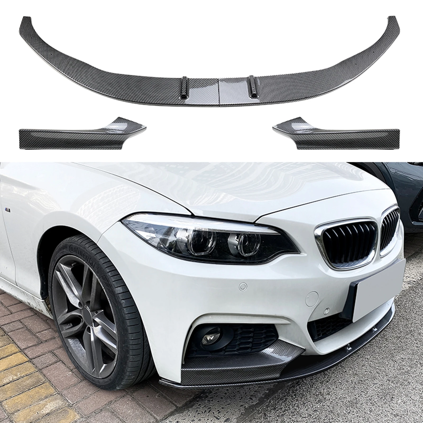 For BMW 2 Series F22 F23 M Sport Only 2014-2021 M235i M240i Carbon Fiber Look Front Bumper Spoiler Lip+Side Splitter Cover Blade