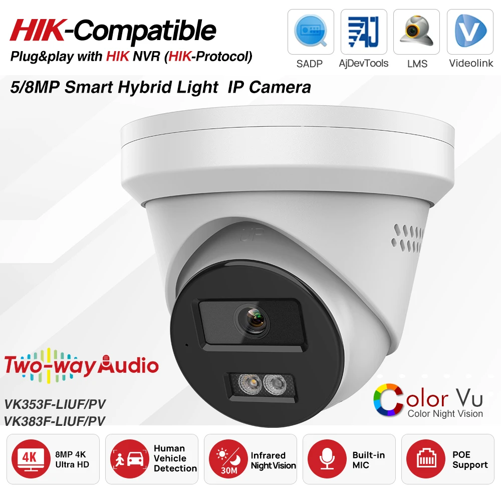 

Hikvision Compatible 5MP/8MP Smart Hybrid Light ColorVu IP Camera Built-in Mic SD Card MD2.0 Red Blue Light Alarm two-way audio