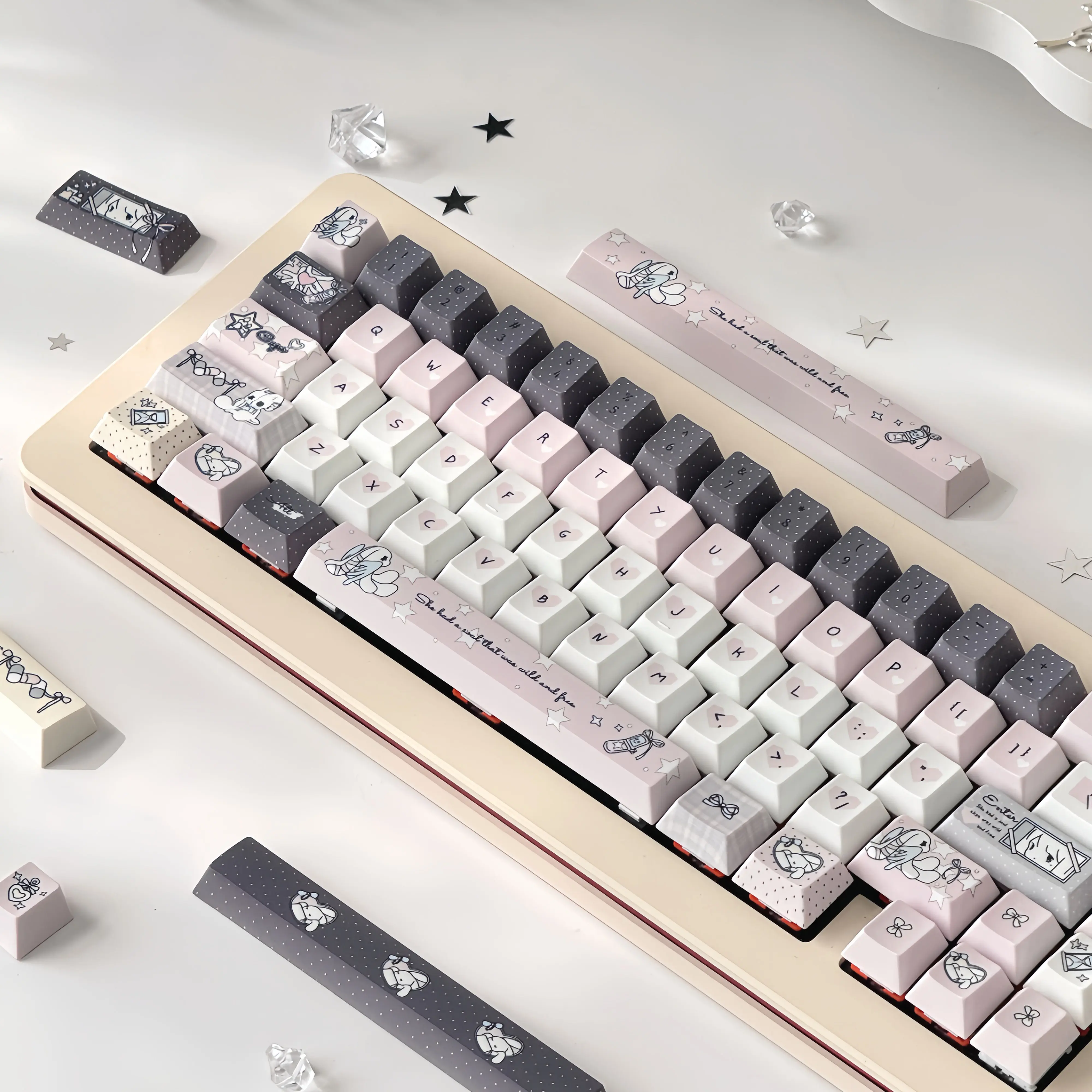 Angel Rabbit Keycaps Pink Girl Cute Cherry Moa PBT Hot Sublimation KeyCaps for Made68 Mad68 Wooting 60 Mechanical Keyboard