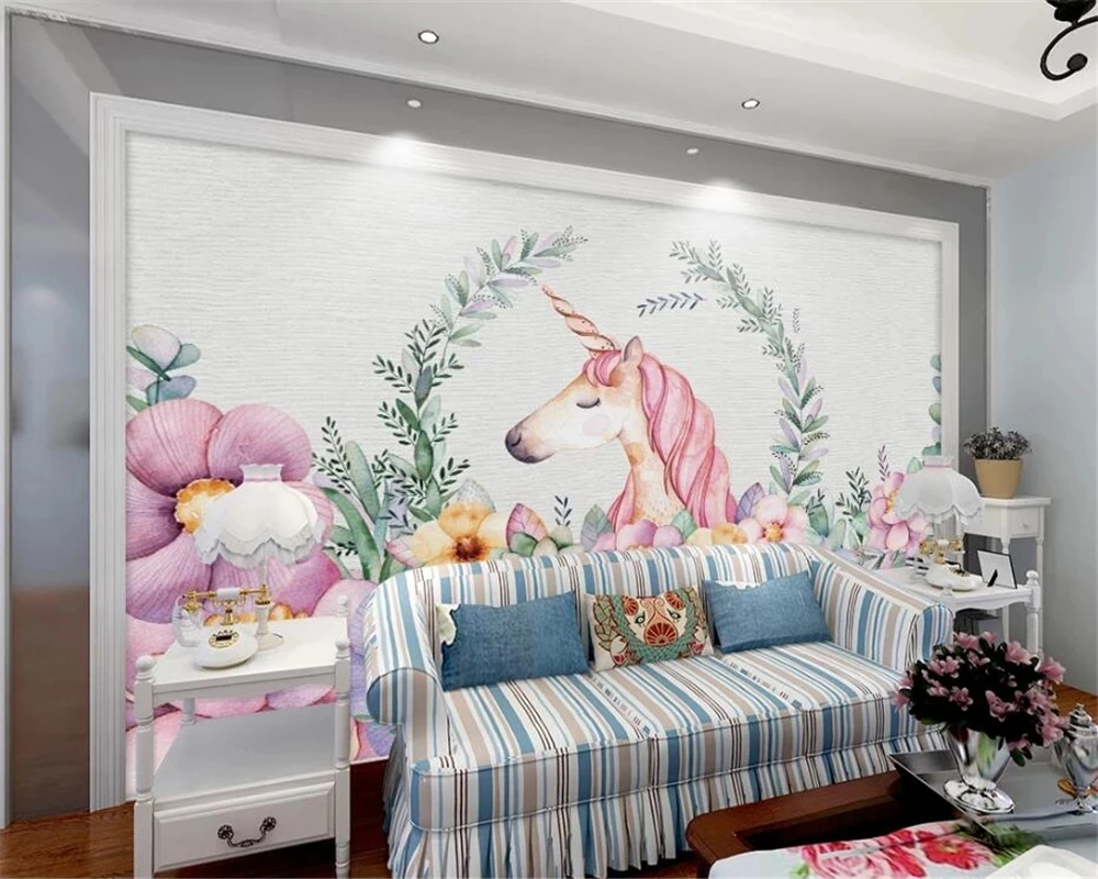 Customized photo mural wallpaper hand-painted flowers unicorn children room bedroom 3D restaurant Living room TV background wall