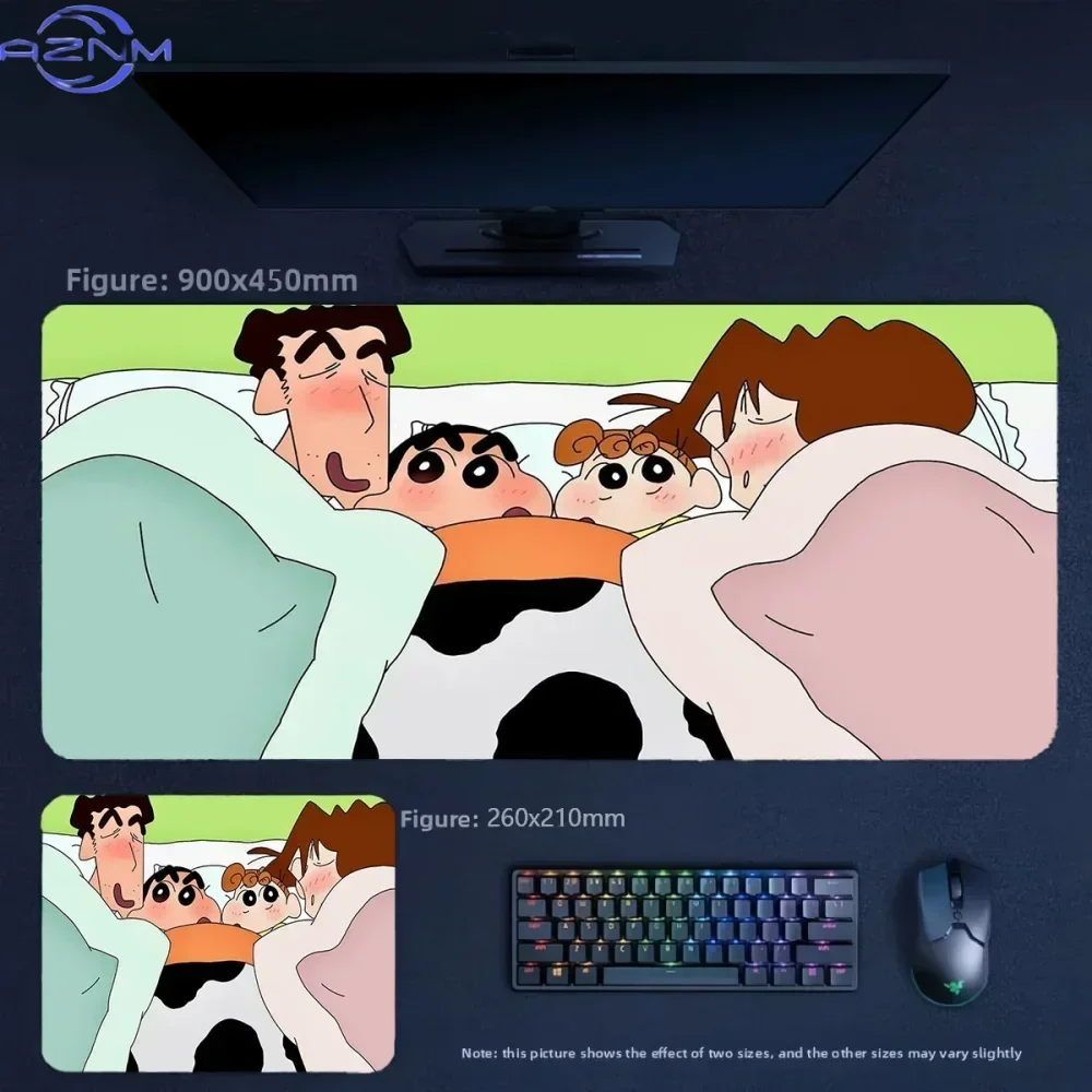 Anime Crayon Shin-chan Family Sleeping in Bed Large Mousepad Rubber Non-Slip Gaming Desk Mat Keyboard Pad for Home Office Decor