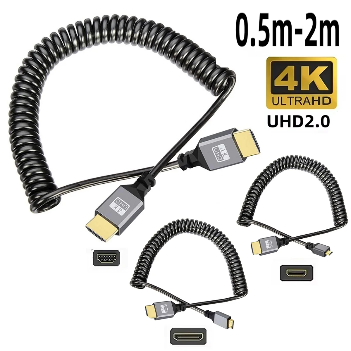 4K UHD Spring Coiled HDMICable Angled Mini/Micro HDMI Ports for Camera DV PS5 Xbox Monitor - High-Definition Digital Audio Video