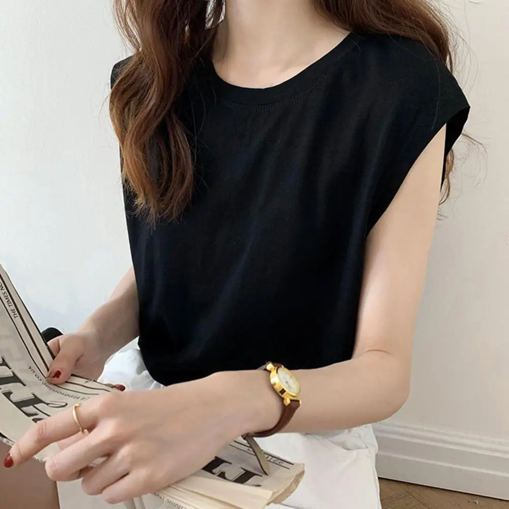 

Women Summer T-shirt Sleeveless Loose Pure Color Tank Top Round Neck Pullover Simple Style Commute Homewear Lady Blouse 티셔츠