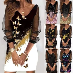 2023 Autumn Womens Dress V-neck Heart Print Butterfly Transparent Mesh Femme Long Sleeve Panel Female Dress Fashion Party Dress