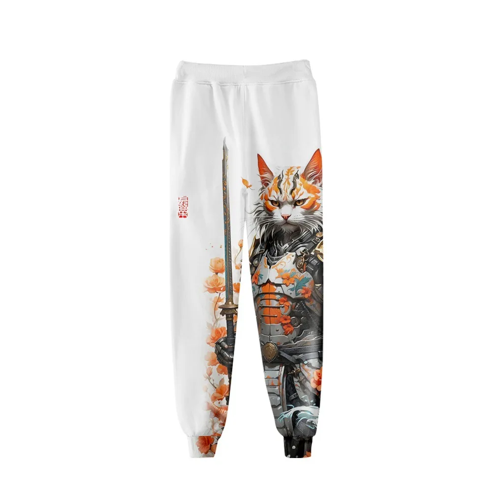 Samurai Cat Print Joggers Unisex Casual Elastic Waist Sweatpants Stylish Lover's Loose Fit Pants Cool Hiphop Trousers Streetwear