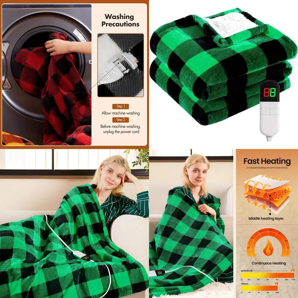 

Sherpa-Lined Buffalo Plaid Christmas Blanket, 62x84, 8 Heating Levels, Auto-Off, Washable, Overheat Protection, ETL Certified