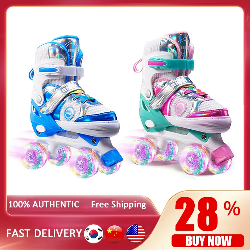 Boys Girls Kids Skates Children Roller Skates Skating Shoes Sliding Adjustable Quad Sneakers PU Flashing 4 Wheels Roller Skates