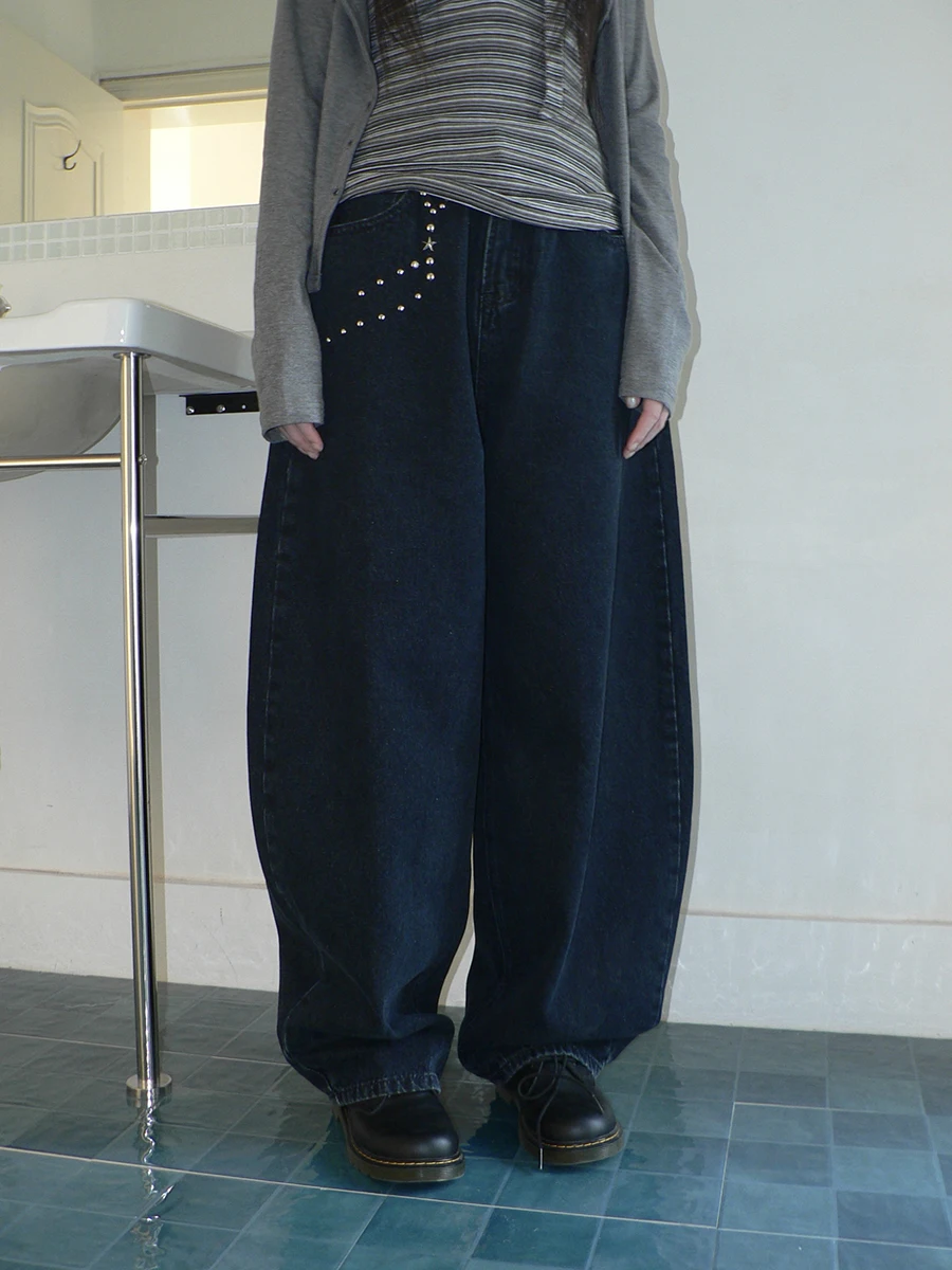 

High Waist Rivet Knife Denim Pants Light Eming Letter Print Vintage Sle Women's Loose Fit Jeans Spring 2024