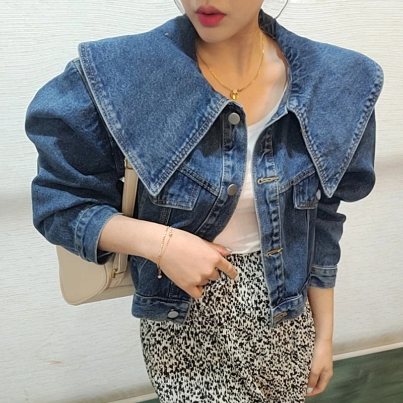 

Chic Summer Vintage Anti-Aging Doll Collar Loose Casual Versatile Long Sve ort Denim Jaet Women's Top Faionable Vers...