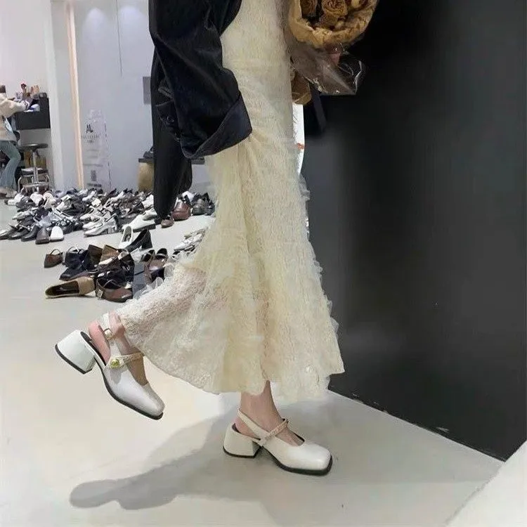French-style Chunky Heel Square-toe Retro Chain Strap Open-toe Sandals for Women 2026 High-heeled Black Mary Jane Evening