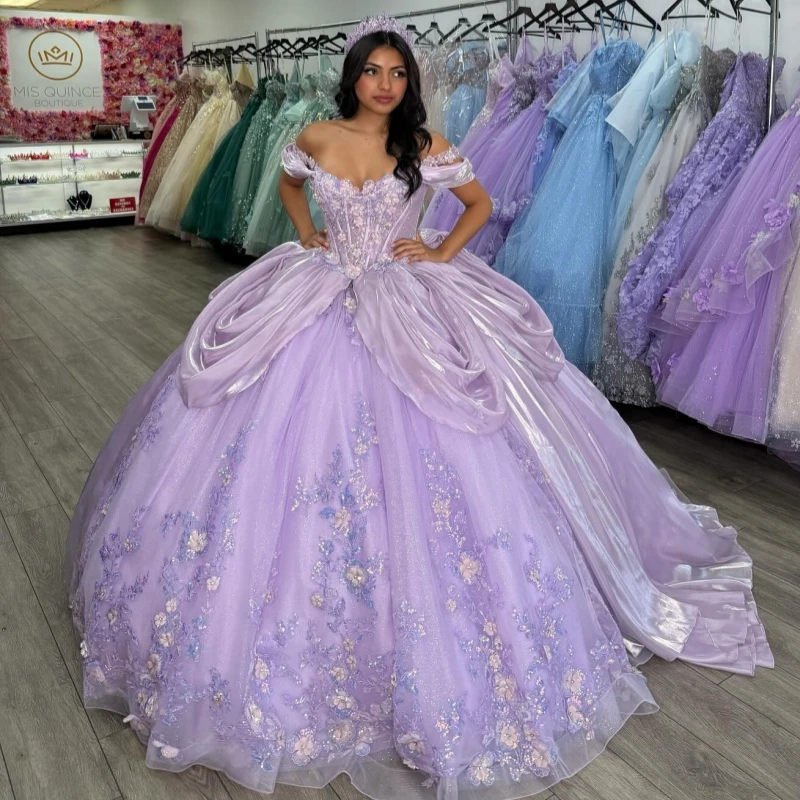 

Lavender Shiny Quinceanera Dresses Off The Shoulder Applique Lace Beading Tull Corset Ball Gown Vestidos De 15 Anos Sweet 16