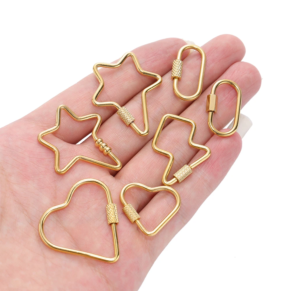 4pcs Stainless Steel Gold Heart Star Screw Locking Clasps Big Carabiner Hooks for DIY Necklace Bracelet Keychain Making Supplies