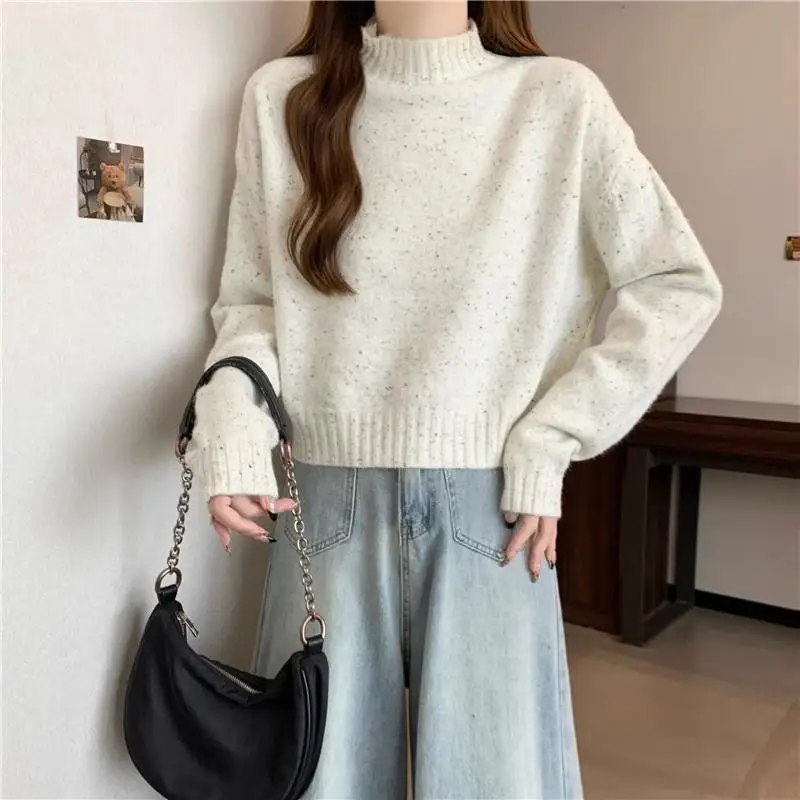 

Sweater Half High Collar Top Can Be Worn as an Outerwear Base Shirt Autumn Winter New Style Women's Loose Short Sleeve Pullover