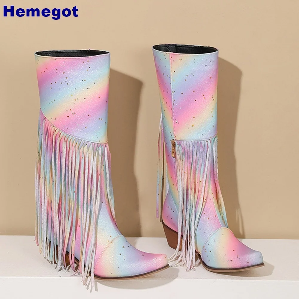 Pointed Rainbow Tassel Women's Boots 2024 New Party Street Catwalk Thick High Heel Boots Fashion Ins Style Casual Mid-Tube Boot