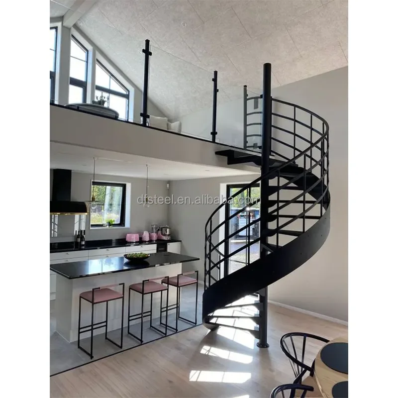 Custom.DF modern indoor Curved Shape Steel Bar wooden Staircase Design Indoor iron Stair  from  stairs facto