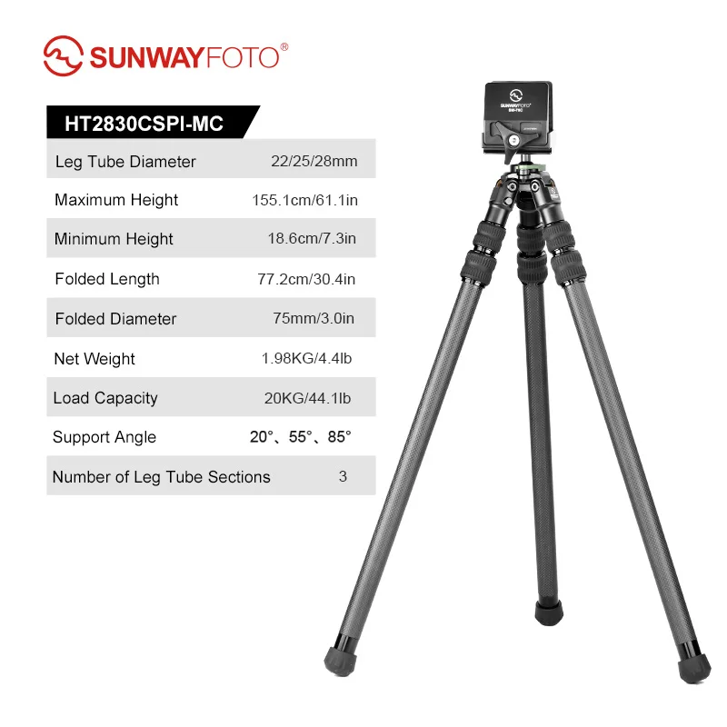 SUNWAYFOTO HT2830CSPI koolstofvezelstatief met omgekeerde poten en balhoofd, Arca-Swiss Picatinny Rail-adapterklem, 150 cm hoog