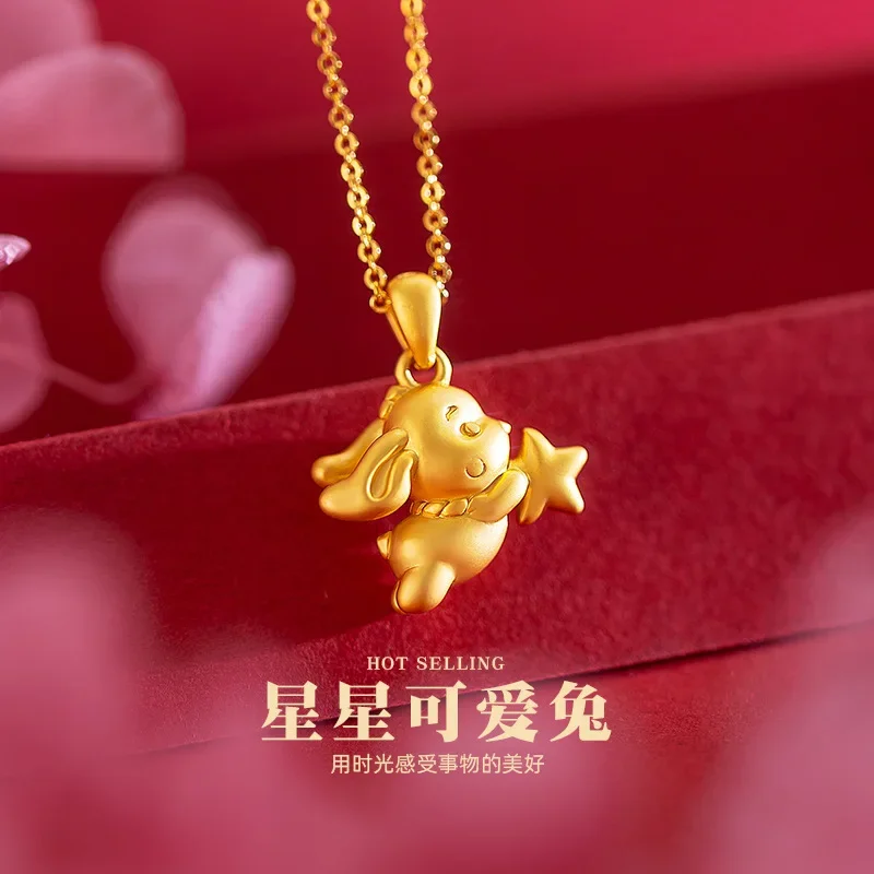 9999 real gold 24K yellow gold Cute Star Rabbit Necklace Star Moon Rabbit Clavicle Chain