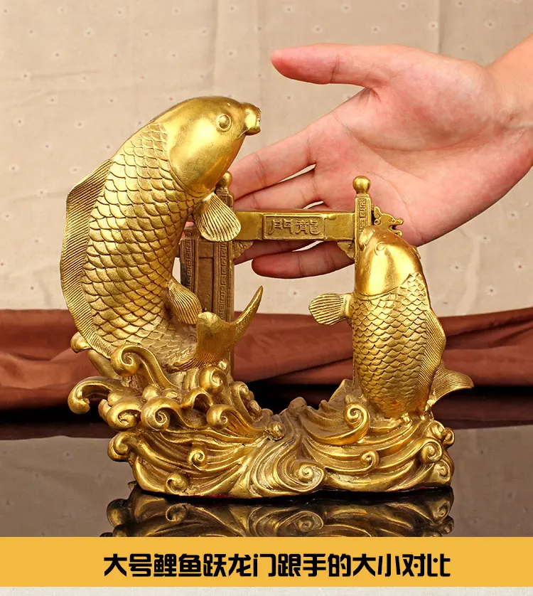 

TOP GOOD Bring in wealth treasure office Money Drawing Talisman # Gold fish Jumping over Dragon Gate FENG SHUI Brass statue