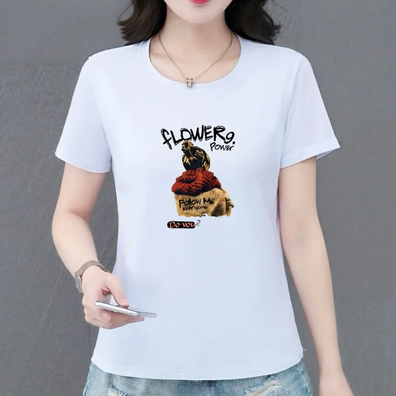 

New 2026 round Neck Short Sleeve Women's T-shirt Loose Casual Fashion Top Mom's Summer Wear Polyester Fiber Print Design