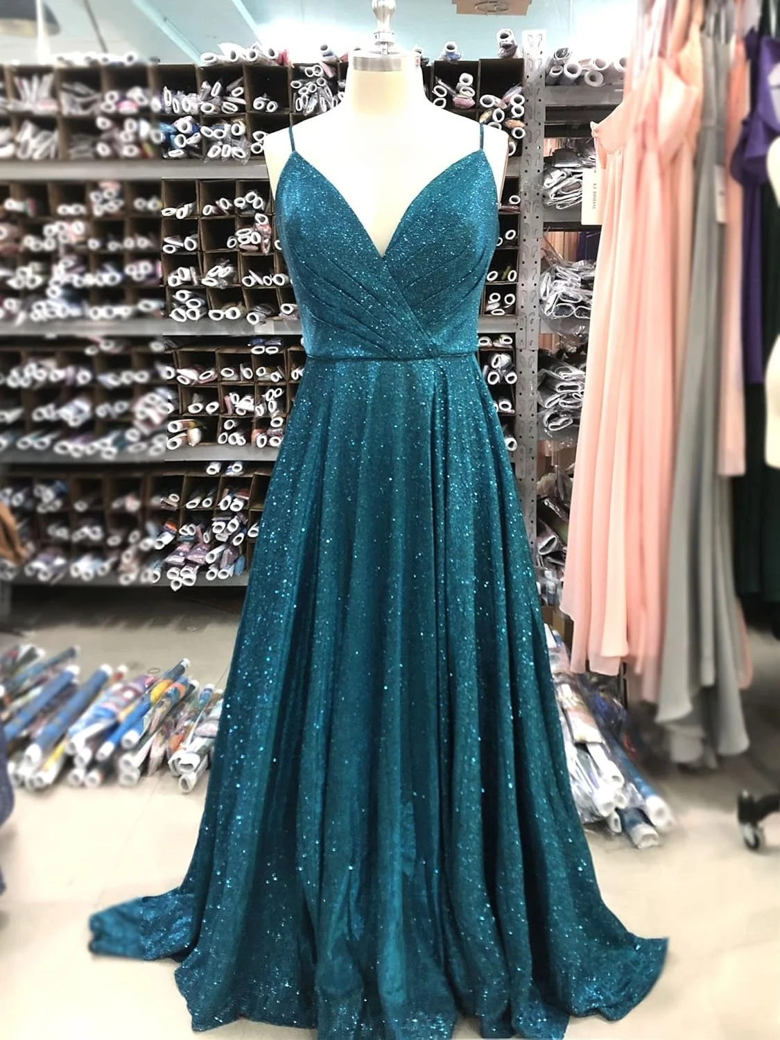 プロムドレス ロング Aライン ポケット付き Vネック フォーマルイブニングボールガウン サイドスリット グリッターパーティードレス イブニングガウン