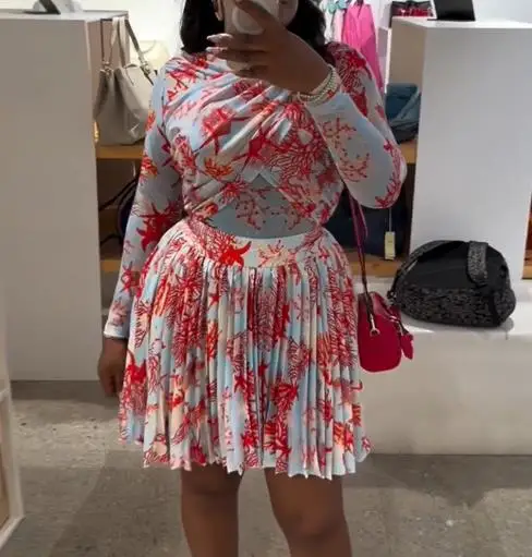 レディースファッション エレガントな服装 気質 秋の新作 スリムプリント長袖トップス＆プリーツスカートセット 女性用