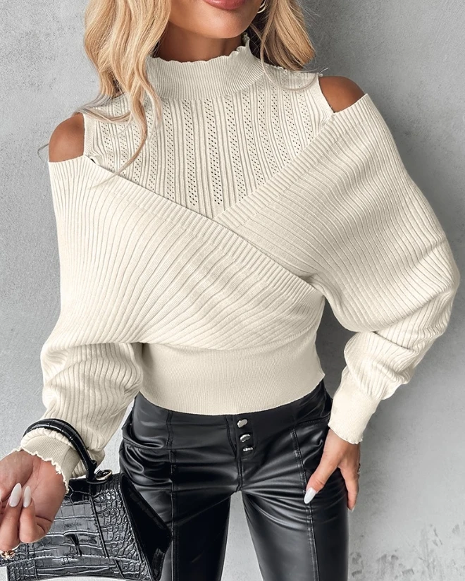 

Off shoulder fake two-piece inner layered knit sweater for women's autumn 2024 new sweater short long sleeved top trend