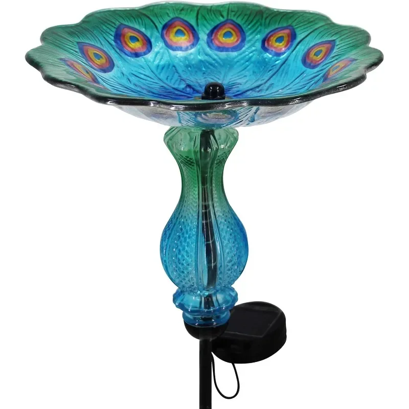 

Peacock Bird Bath for Outdoor - Glass Bowl Solar Light Bird Baths Cage Outside Dish Bird Feeder with Metal Stake f