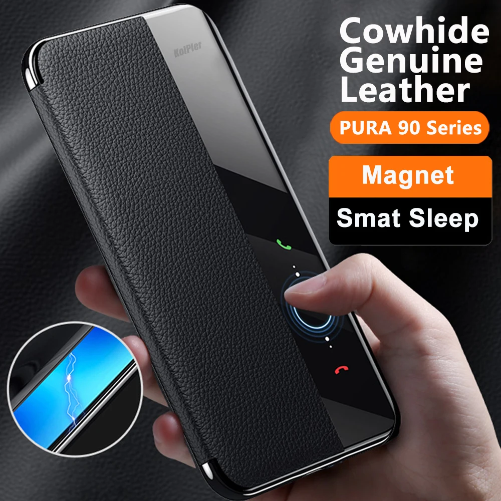 

Cowhide Leather Flip Case For Huawei PURA 90 PRO Business Smart Sleep Wake plating Magnetic Cell Phone Cover For PURA90 Coque