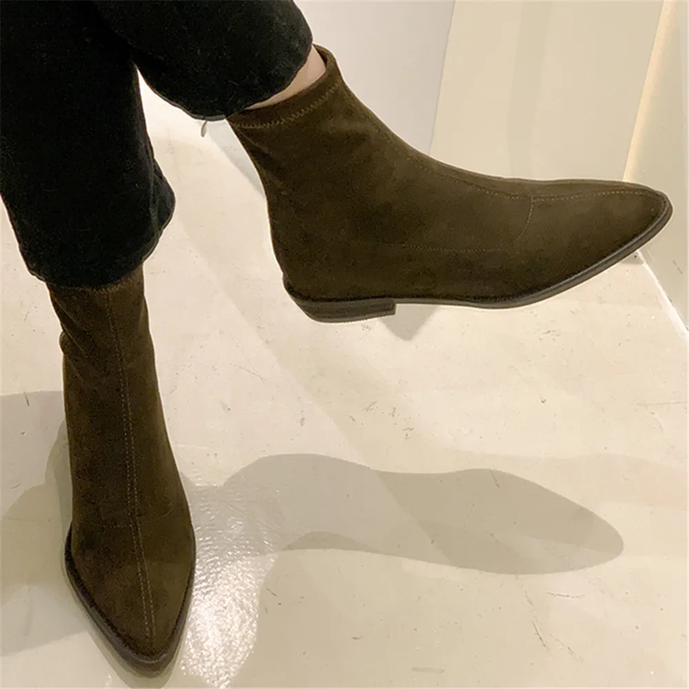 Women Ankle Boots British Style Plus Size Zip Stretch Boots Casual Flock European American Boots Women Daily Office Lady Footwea