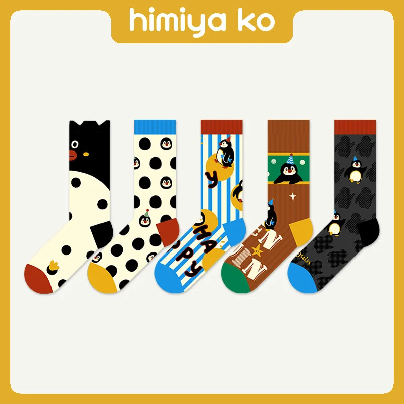 

5PS 2025 New Creative Penguin Cartoon Socks for College Students Cute Wave Point Trend Mid Tube Socks For Girl Anti Odor Socks
