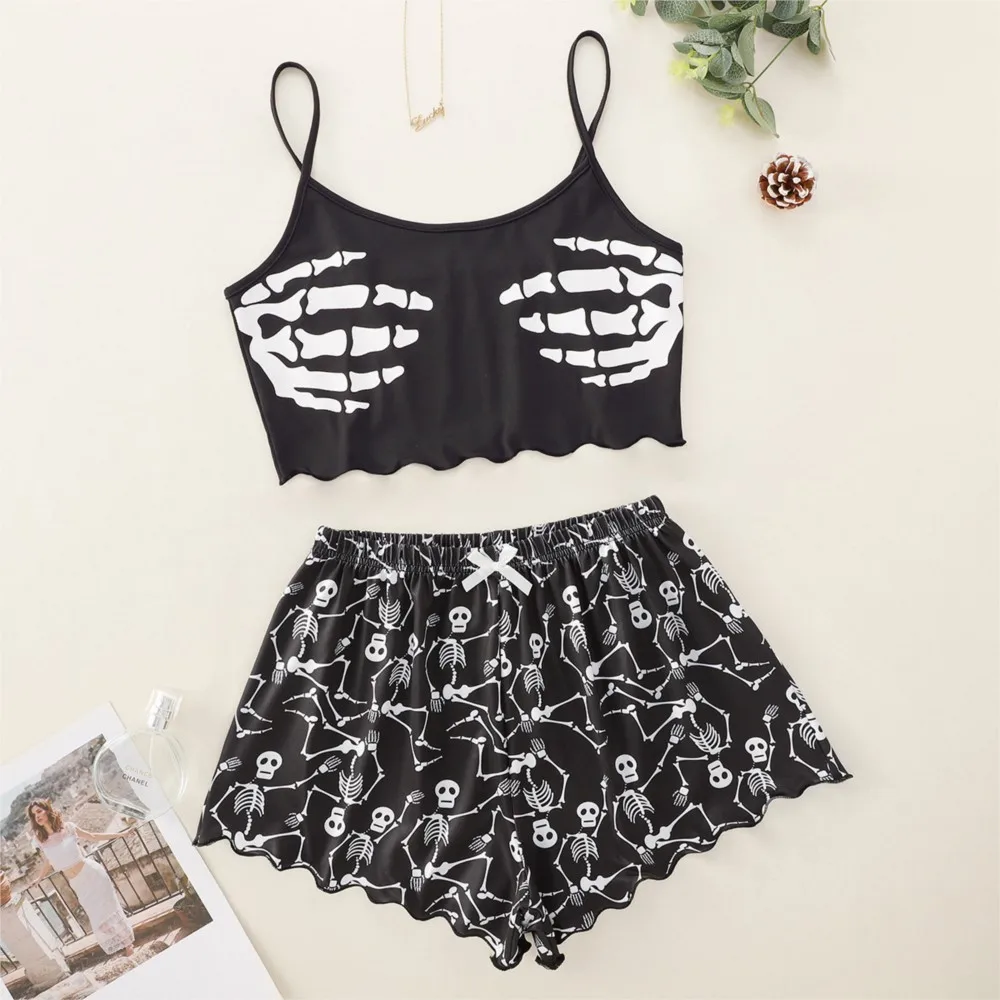 Comfort Soft Skull Print 2 pezzi pigiama Set Funny Fashion Spaghetti Strap senza maniche Sleepwear Shorts Set pigiama Cami Pijama Suit