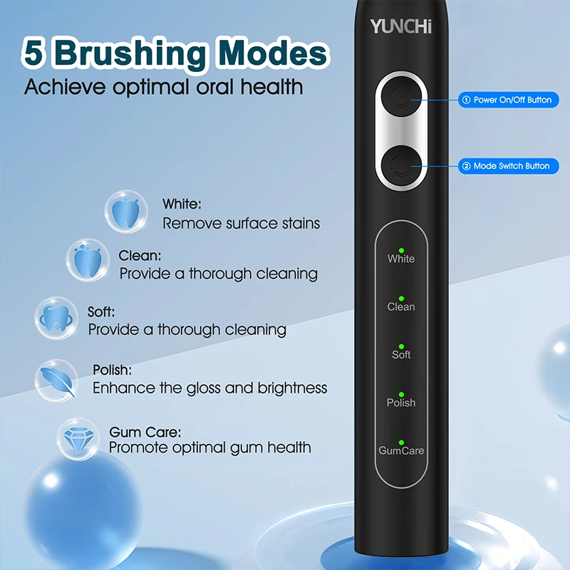 YUNCHI Sonic Toothbrush C3 Electric Toothbrush with 5 Modes 1 Handle 8 Brush Heads 1 Box