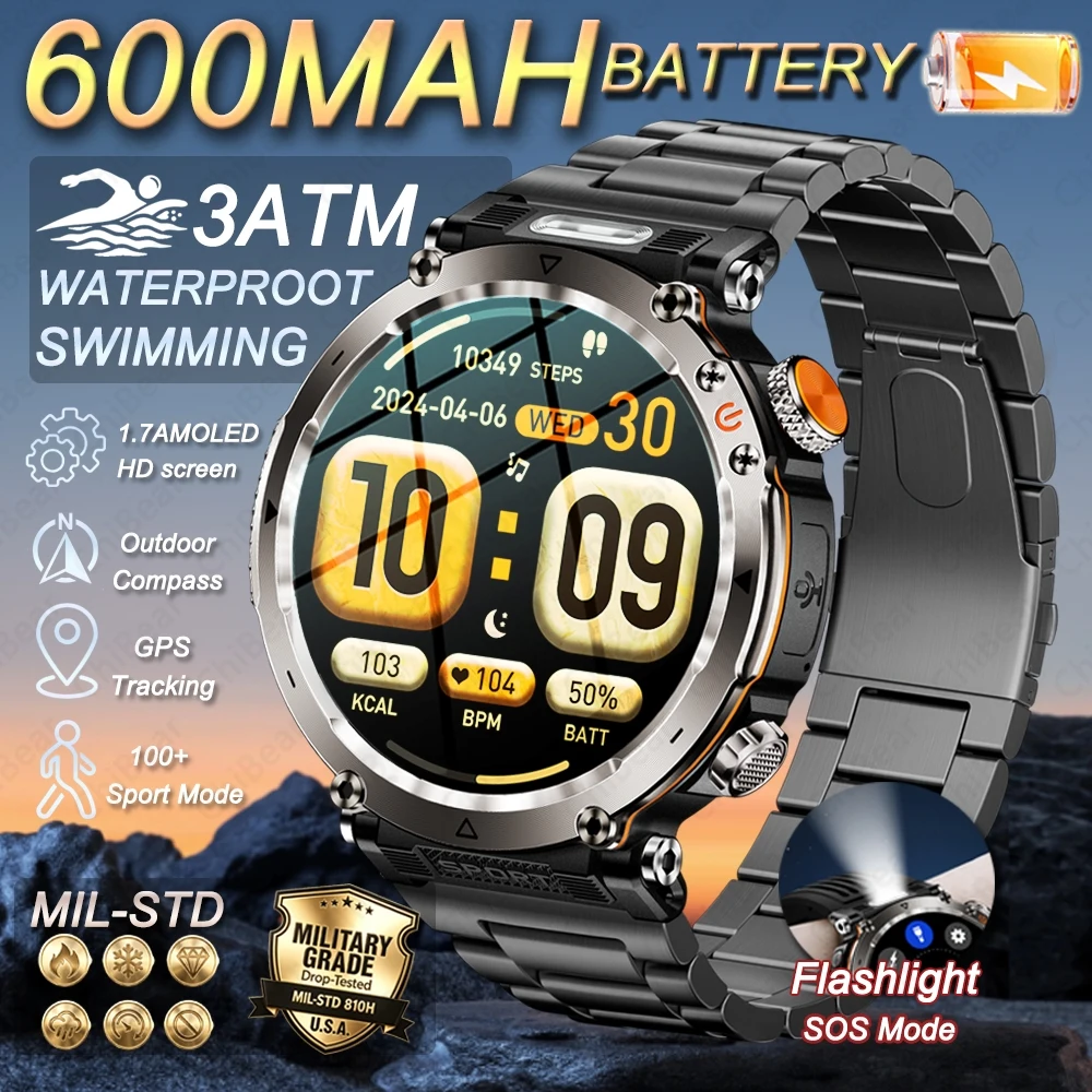 Smartwatch Military Watches For Men - 2026New Outdoors Militaire 600mAh Batterij SmartWatch