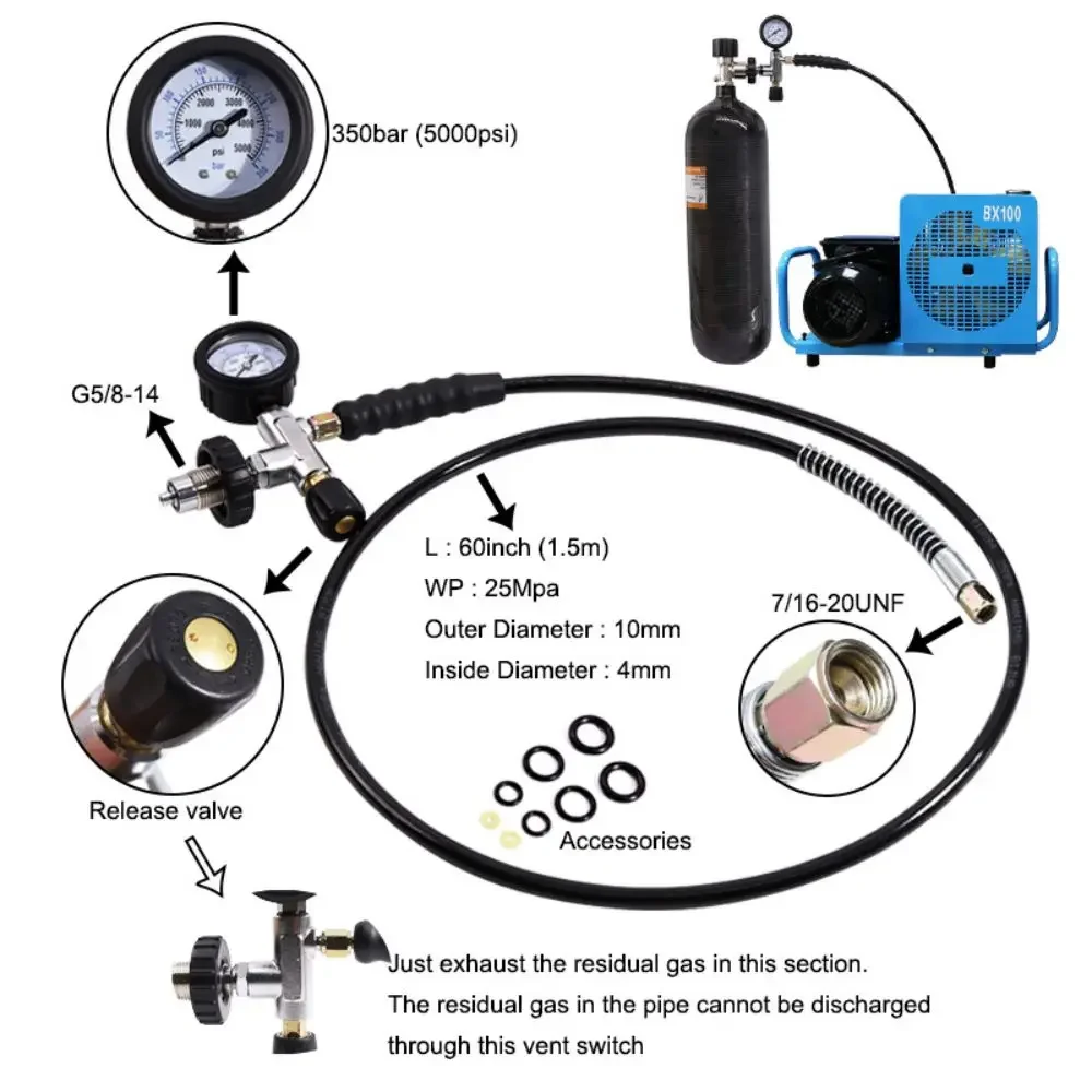 4500psi Scuba Diving Compressor Filling Valve Filling Service High Pressure Filling Station Compressor with Hose Pressure Gauge