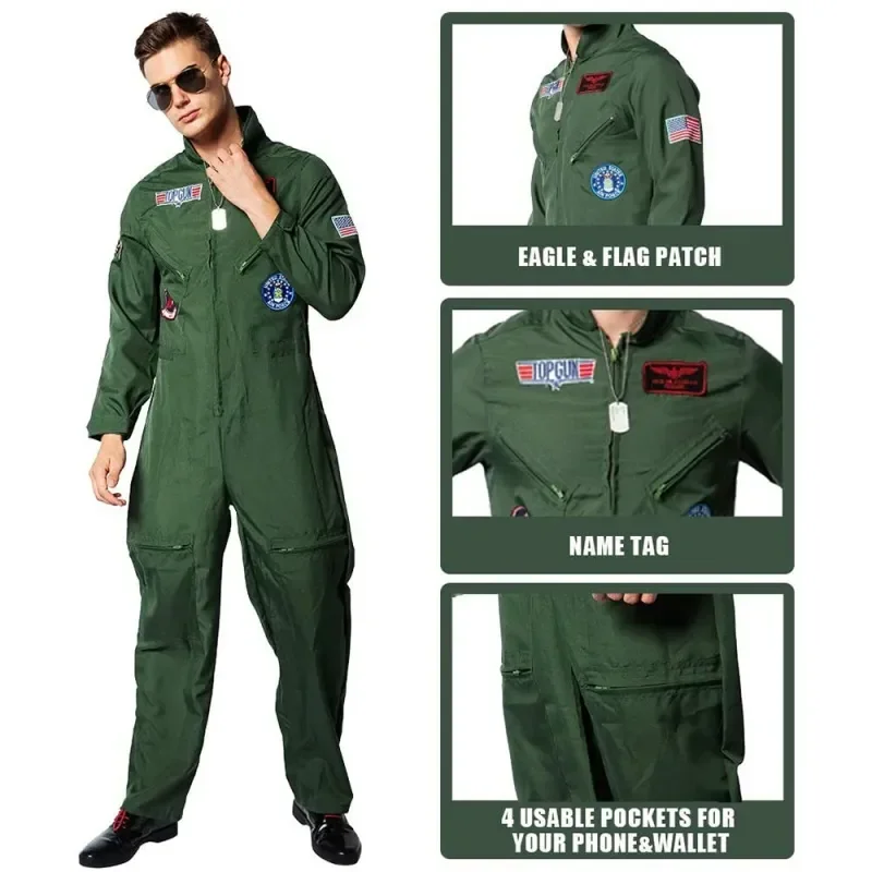 Cosplay Costume for Children and Adults, Air Force Uniform for Movie and TV, Halloween Party Costumes, Army Green Pilot Jumpsuit