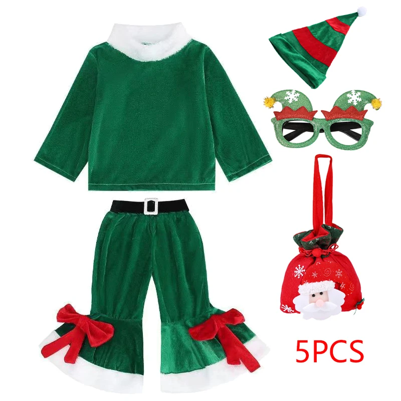 Kids Christmas Santa Clause Green Elf Girls Cosplay Costume Dress With Tops Hat Belt Shoes Striped Stockings for Boys Xmas Party