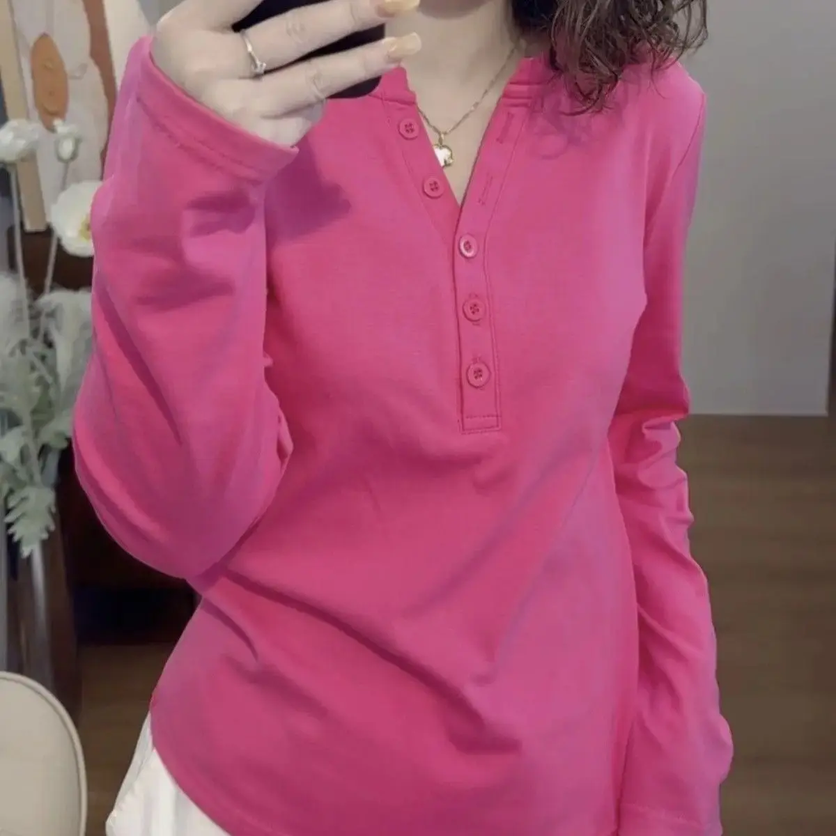 Pink V Neck Long Sleeve T Shirt Women Casual Button Front Top Regular Fit Spring Summer Lightweight Tee