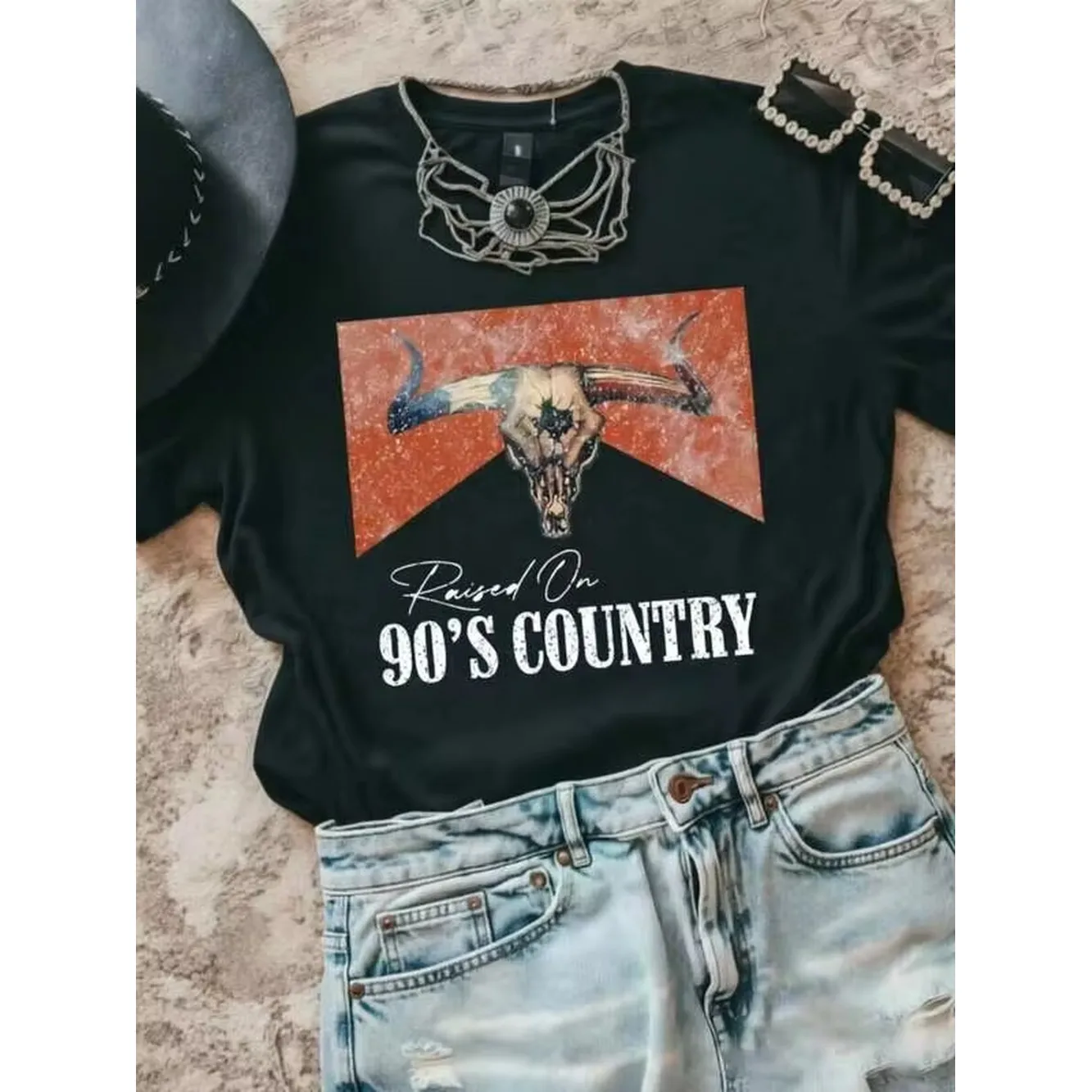 Plus Size Women T-Shirts,Vintage Raised On 90s Country Music Western ,100% Cotton Casual Printed T-Shirt,Crew Neck Short Sleeve,220g Cotton T-Shirt,