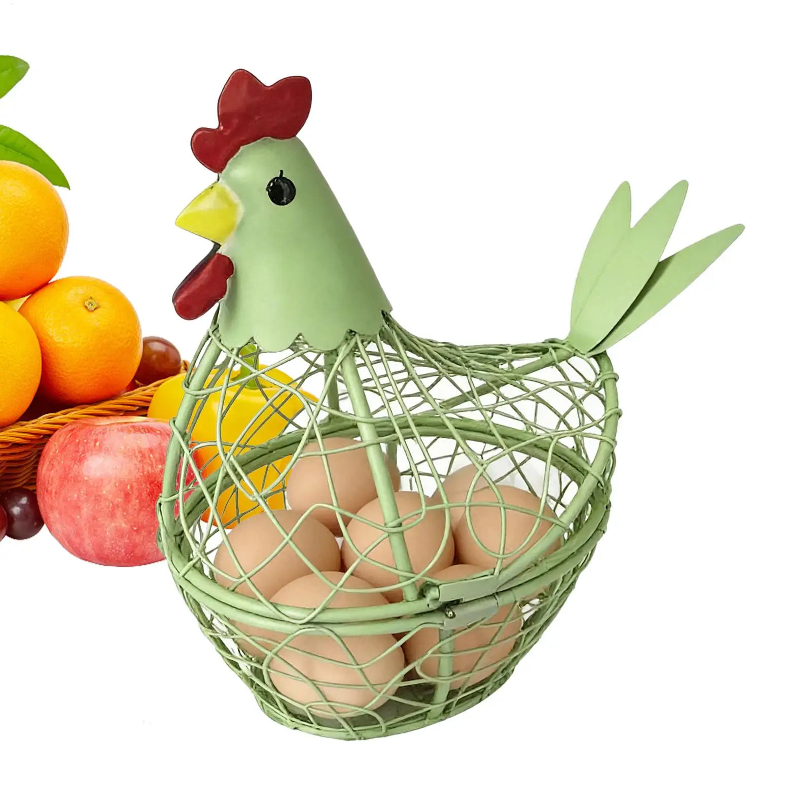 Cesta de alambre para huevos, organizador de metal para encimera, forma de gallina, decoración rústica, organizador de cocina para frutas, verduras y aperitivos