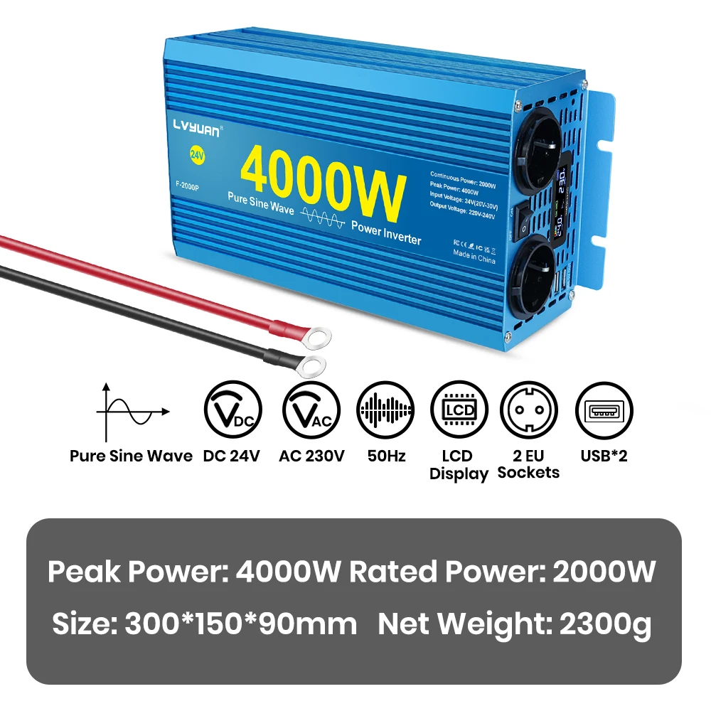 Lvyuan Zuivere Sinusomvormer 2000W DC 12V 24V naar AC 220V 240V Continu Vermogen 2000W Omvormer