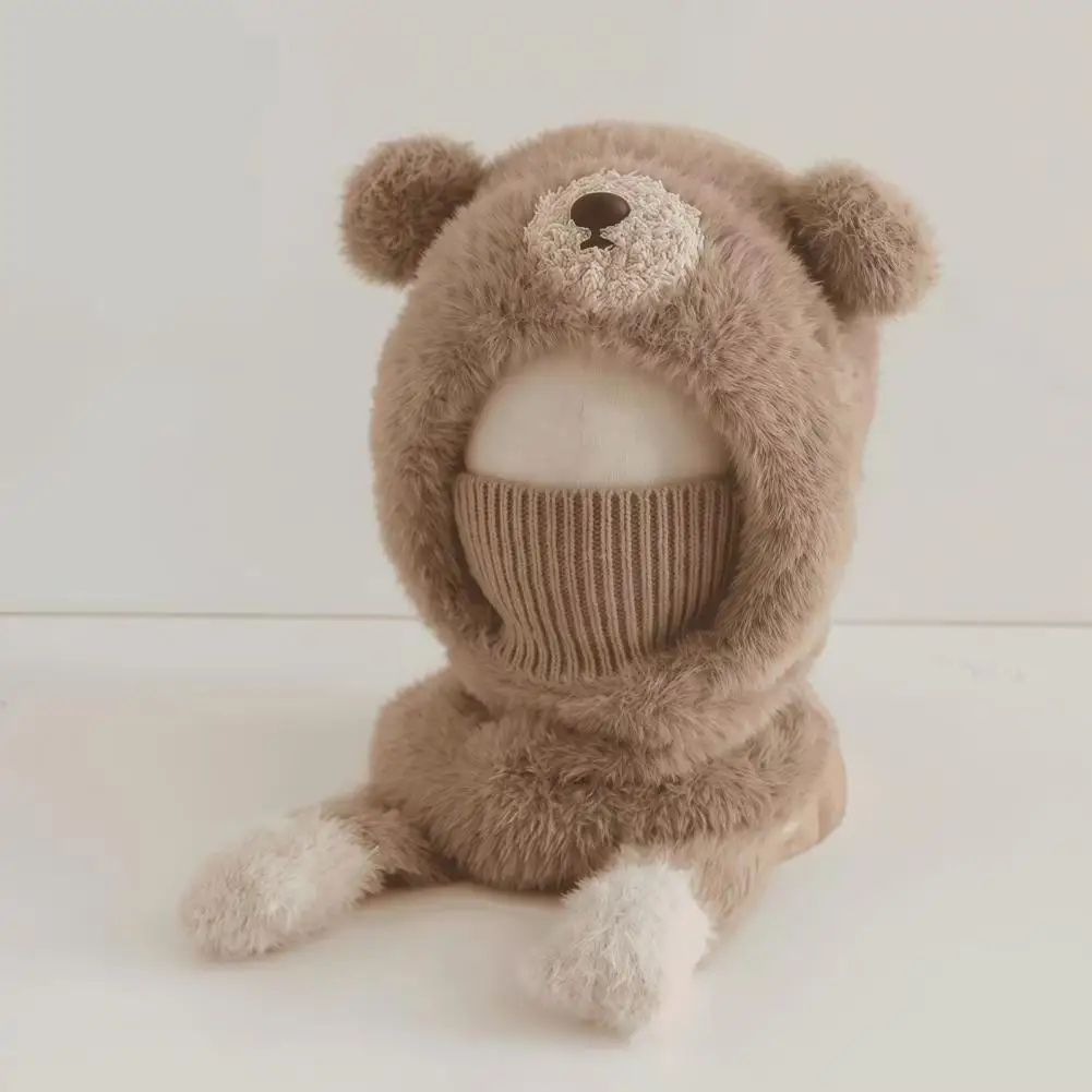 Cozy Fleece Thermal Head Wrap Kids Winter Balaclava Hat with Bear Ears Fuzzy Windproof Ski Mask Neck Warmer Cute Face for Boys