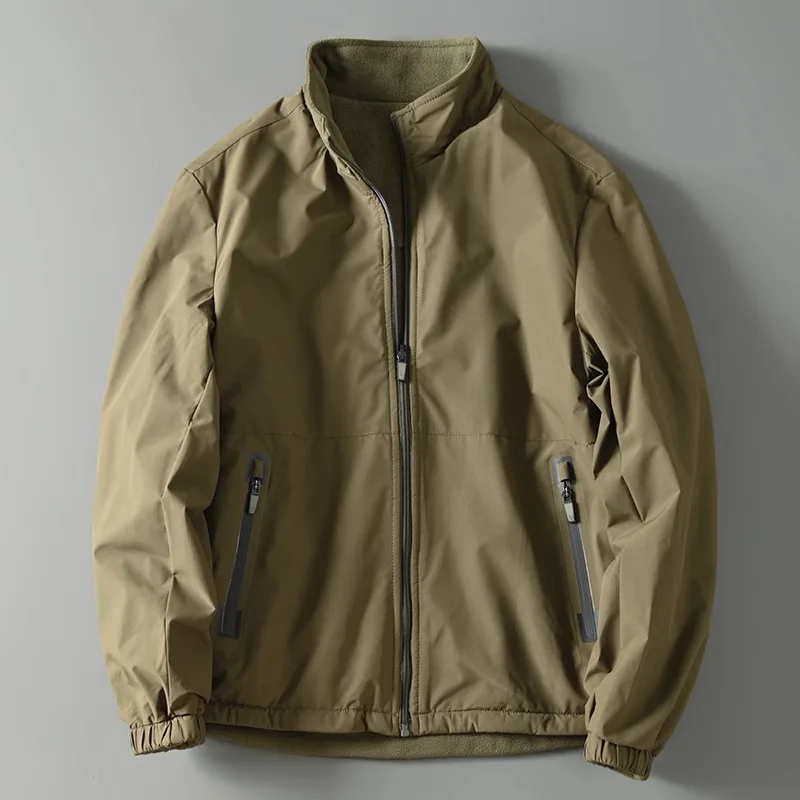 Men Stand Collar Reversible Outerwear Fleece Lined Wind & Water Resistant Casual Coat For Autumn Winter Outdoor Daily Jacket