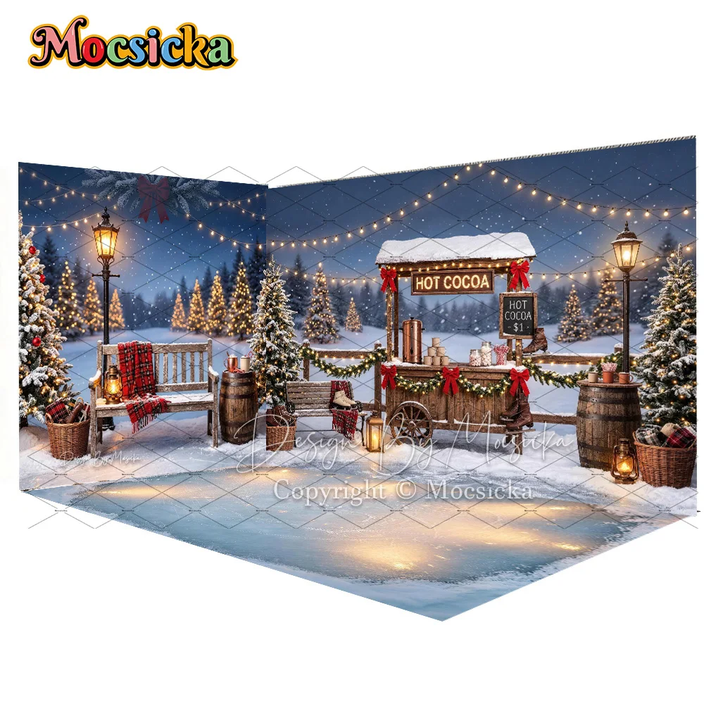 Mocsicka Backdrop Photography Outdoor Snowy Hot Cocoa Cart Christmas Corner Lantern Background Kids Family Winter Holiday Photo
