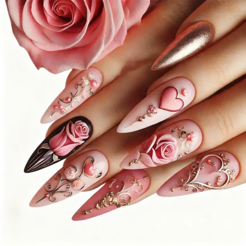 

24PCS Sweet Pink Rose Flowers False Nails Heart French Retro Design Full Cover Press on Ins Style Fake Nails Luxury Elegant Uñas
