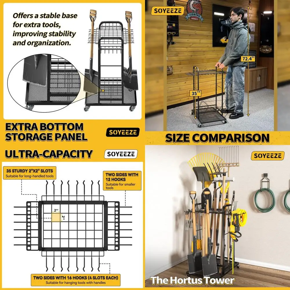 

Сверхмощный трехъярусный стеллаж для хранения садовых инструментов с запираемыми колесами и 12 крючками