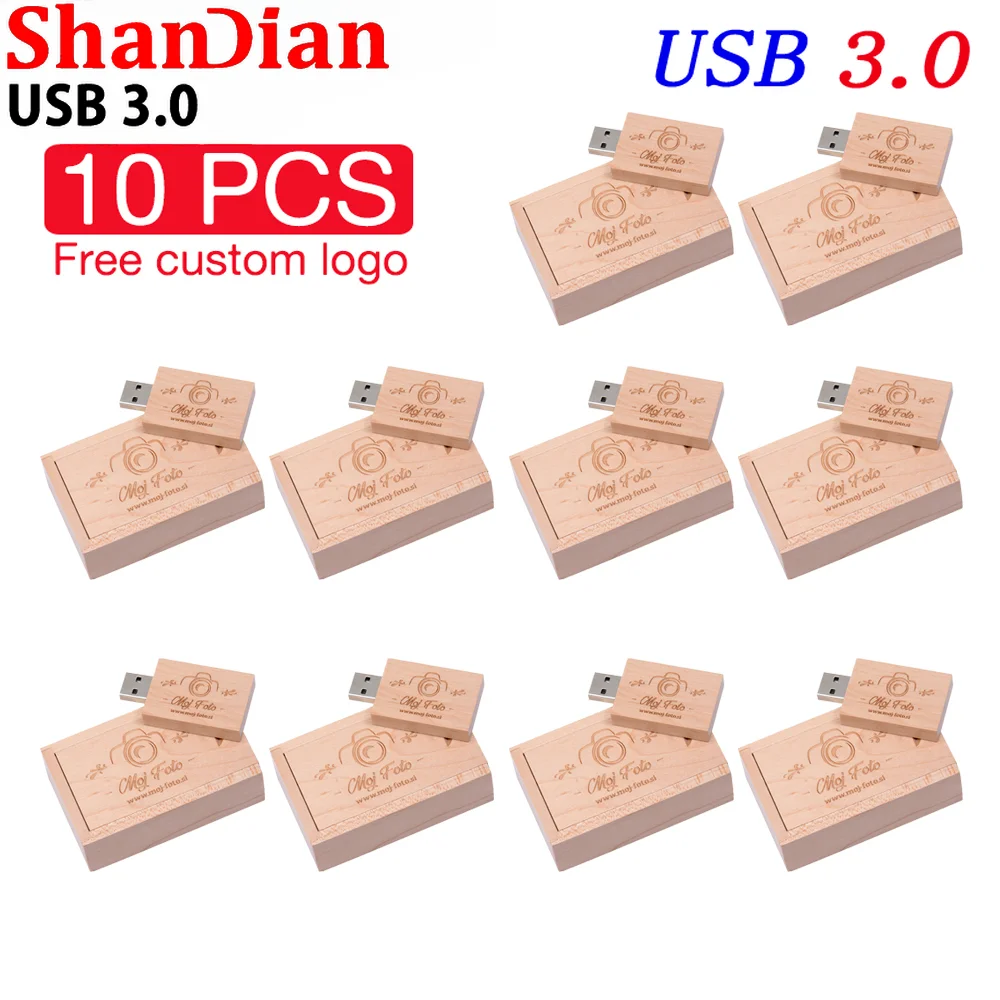 

SHANDIAN 10PCS/LOT Wooden USB 3.0 Flash Drive 128GB Free Custom Logo with Box Pen Drive 64GB wedding Gift Memory Stick U disk