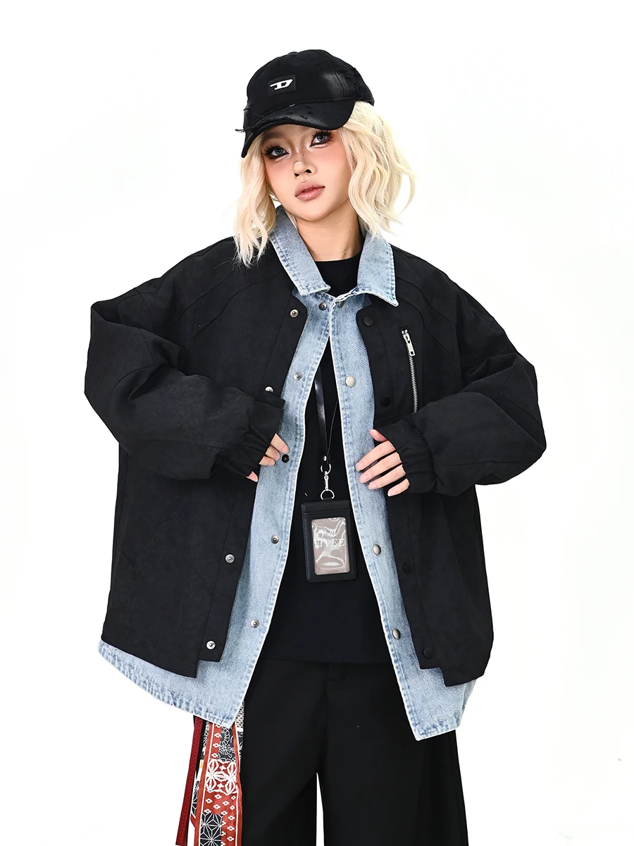 

Женская джинсовая куртка свободного кроя в стиле пэчворк Street Sle, весна 2026, с отложным воротником, винтажная, в американском повседневном стиле, верхняя одежда