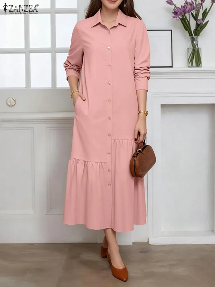 Elegante abito camicia autunnale 2025 ZANZEA donna elegante bavero collo manica lunga abiti da ufficio solido OL lavoro vestito estivo bottone Robe