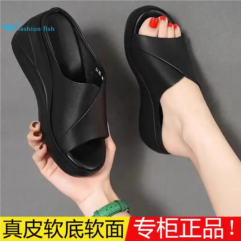 Leather Thick Heel Sandals Women's Summer 2024 New High Heel Versatile Anti-Slip Outdoor Slippers Casual Slip-On Shoes